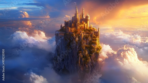 Golden Castle on a Clifftop Above the Clouds at Sunset photo