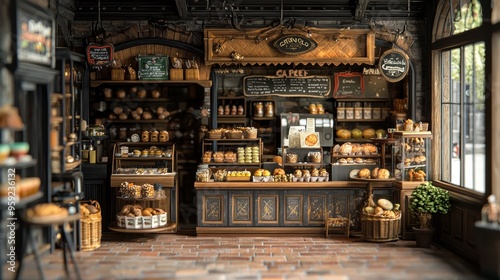 Cozy and Inviting Vintage Rustic Retail Store Interior with Charming Shelves of Antique Goods and Crafts