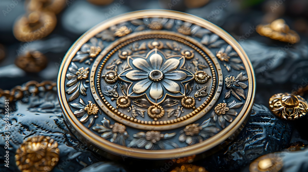 Ornate Gold and Silver Flower Design on a Circular Button Illustration Ornate Gold and Silver Flower Design on a Circular Button Illustration