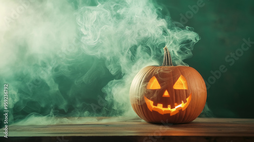 Halloween night orange pumpkin, carved with frightening face, emitted cloud of smoke it sat amidst dark autumn leaves, creating skittish atmosphere filled with ghostly horror evil sense of dread. photo