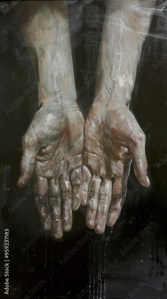 A close-up of two hands with open palms, submerged in water, with veins and wrinkles visible. A close-up of two hands with open palms, submerged in water, with veins and wrinkles visible.