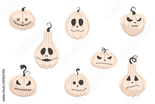 A set of eight white pumpkins with sewn mouths. Cute, spooky Halloween holiday elements.
