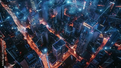 Aerial View of a Modern Cityscape at Night with Network Connections