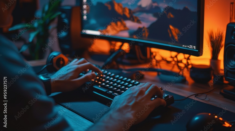 Cozy and Immersive Gaming Workstation with Vibrant Lighting Cozy and Immersive Gaming Workstation with Vibrant Lighting