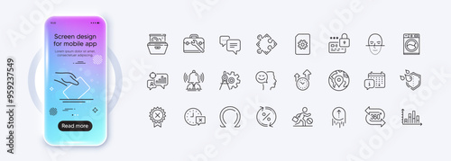 Strategy, Washing machine and Time management line icons for web app. Phone mockup gradient screen. Pack of Calendar, Cogwheel dividers, Jobless pictogram icons. Vector