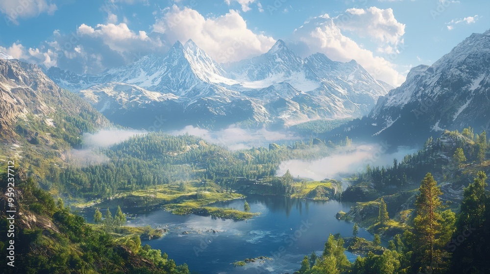 Majestic Snow Capped Peaks Reflected in Serene Alpine Lake Surrounded by Lush Forests