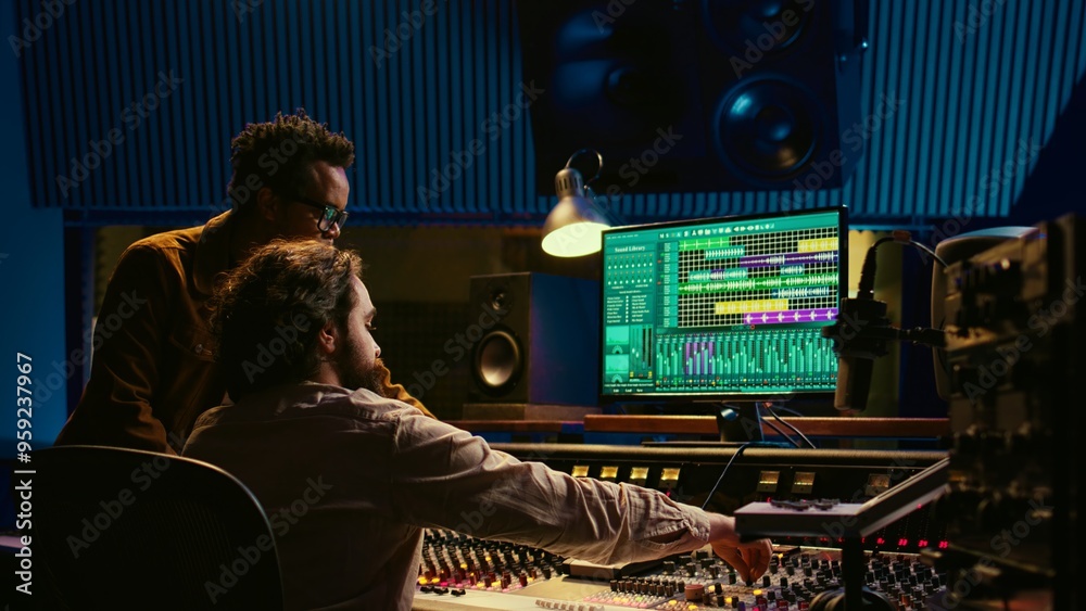 Musician and producer work on soundboard pads at professional studio station. Sound designer uses digital mixer in music production, operating on sliders and key buttons at control desk. Camera B. Musician and producer work on soundboard pads at professional studio station. Sound designer uses digital mixer in music production, operating on sliders and key buttons at control desk. Camera B.