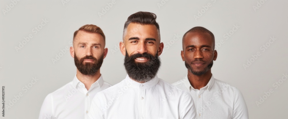 Fototapeta premium Three men with beards are standing together and smiling