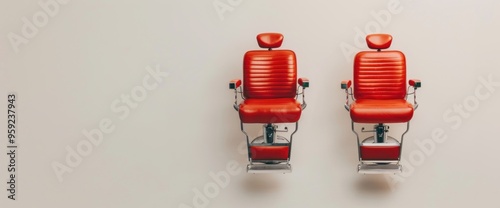 Two red barber chairs are suspended in midair