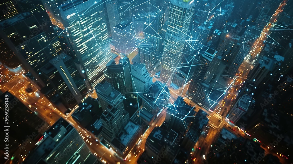 Aerial View of Cityscape with Network Connections at Night Aerial View of Cityscape with Network Connections at Night