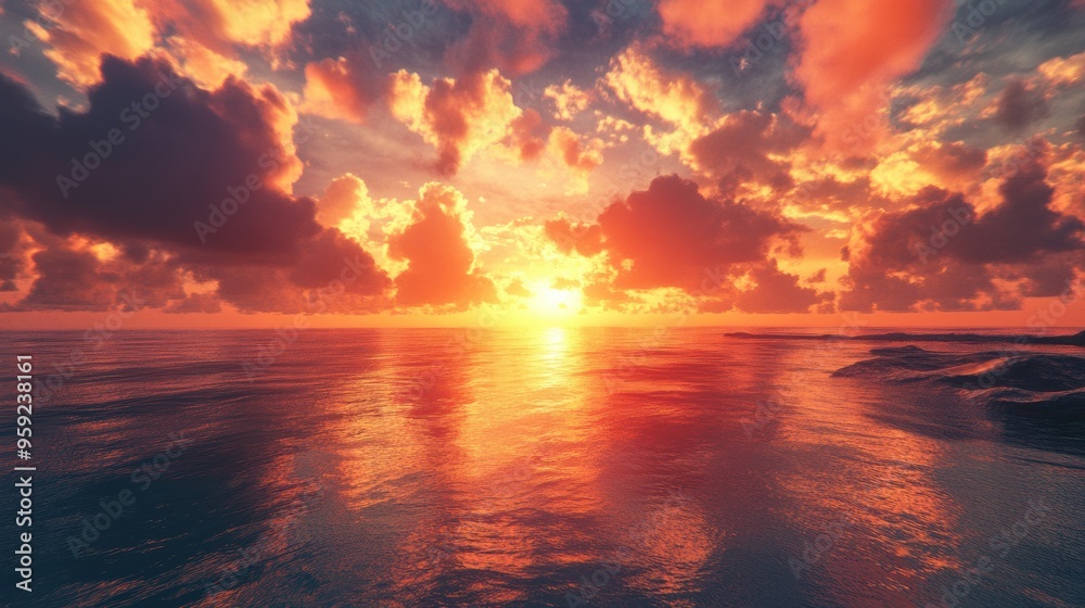 Dramatic Sunset Over Tranquil Ocean Waves and Vibrant Clouds Dramatic Sunset Over Tranquil Ocean Waves and Vibrant Clouds