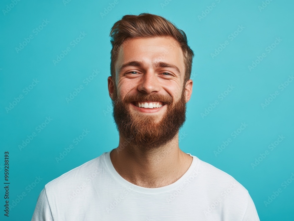 Fototapeta premium Smiling Bearded Man with a Bright Expression on Blue Background. Generative AI.