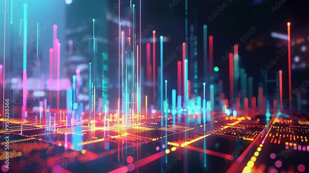 Abstract Cityscape with Colorful Luminous Towers and Lines Abstract Cityscape with Colorful Luminous Towers and Lines