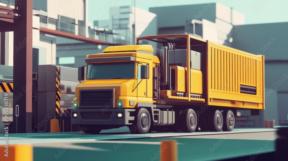 Large Yellow Cargo Truck on City Street with Industrial Buildings Large Yellow Cargo Truck on City Street with Industrial Buildings