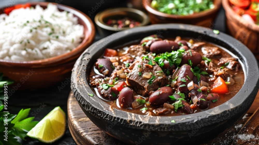 Hearty Mexican Beef Stew in Rustic Earthenware Bowl with Garnishes Hearty Mexican Beef Stew in Rustic Earthenware Bowl with Garnishes