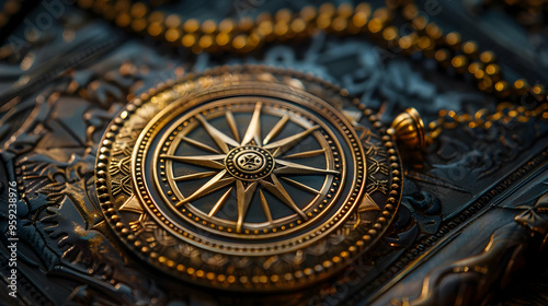 Close-up of a Golden Compass with Ornate Details