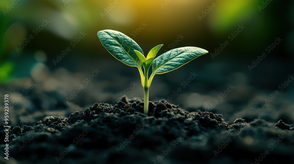 Young Plant Sprout Growing in Soil with Sunlight Young Plant Sprout Growing in Soil with Sunlight