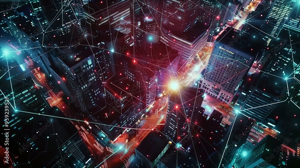 Obraz premium Aerial View of a Cityscape with Digital Network Connections
