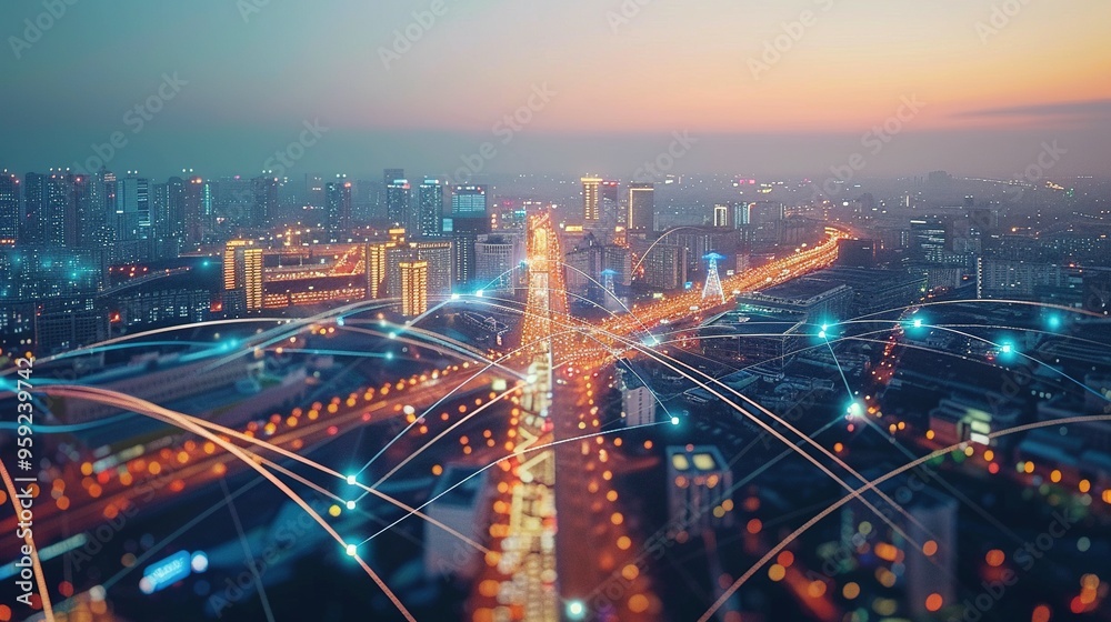 Fototapeta premium Cityscape with Abstract Network of Lights at Dusk