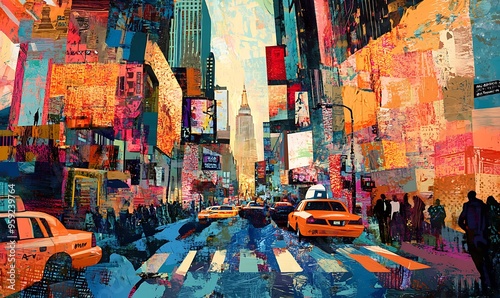 Abstract Collage of New York City Street Scene with Yellow Taxis