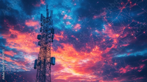 Telecommunication Tower Against Dramatic Sunset Sky