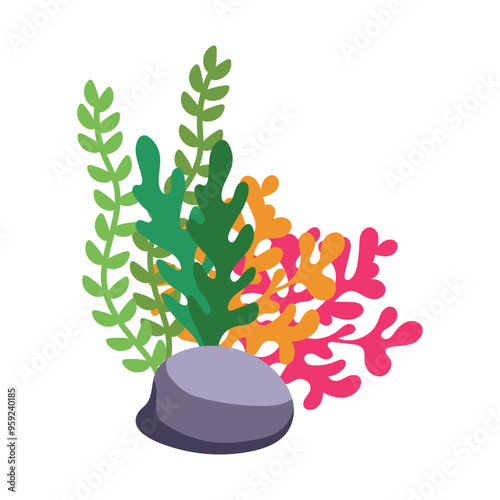 Colorful seaweed and coral with stone in cartoon style Vector