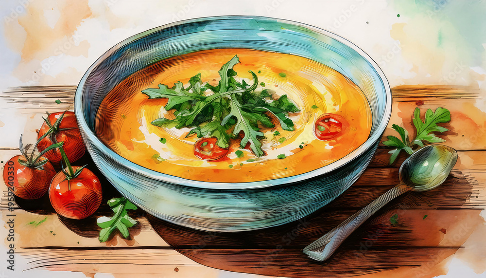 Vibrant illustration of a bowl of soup with fresh greens and tomatoes Vibrant illustration of a bowl of soup with fresh greens and tomatoes