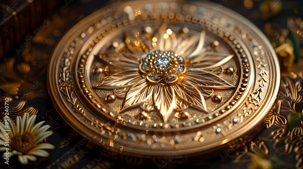 Obraz premium Ornate Golden Floral Design with Diamond Center - Close Up Macro Photo