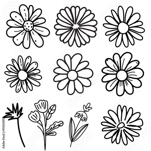 Black flowers bouquet, Vector illustration outlinne image , Hand-drawn botanical lines art flower, Minimalist contour drawing of flower. line drawing of flower botany.