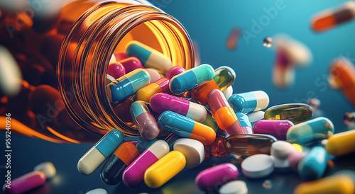 Esta imagem mostra uma variedade de pílulas coloridas saindo de um frasco de medicamento virado, representando o conceito de soluções farmacêuticas e tratamentos médicos. photo