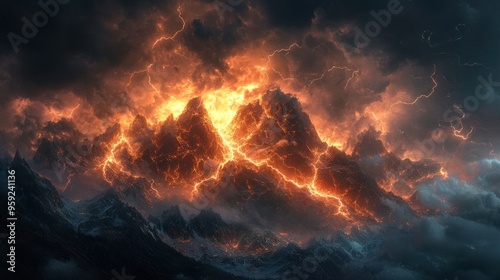 Fiery Mountain Peaks Under a Stormy Sky