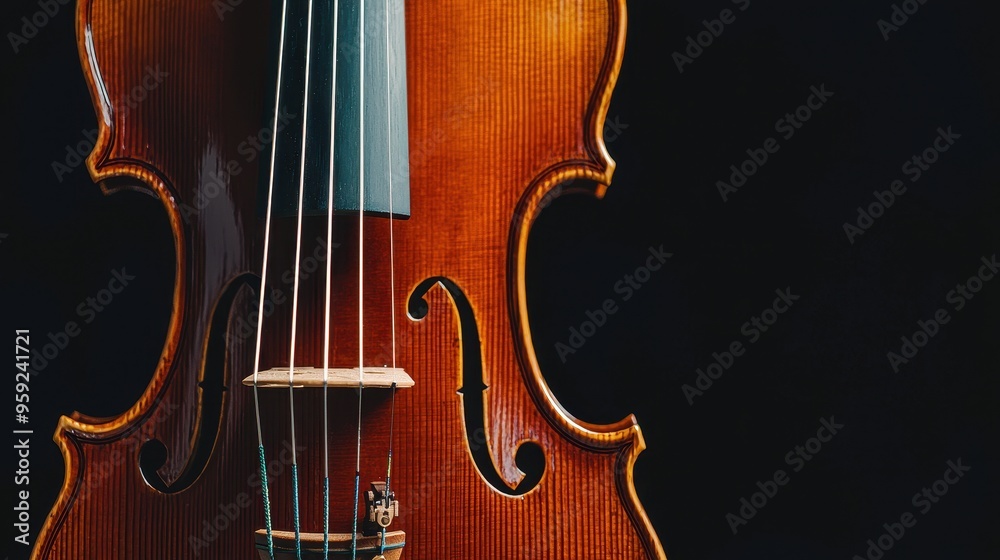 Closeup of Violin Body with Strings and Sound Hole on Black Background Closeup of Violin Body with Strings and Sound Hole on Black Background