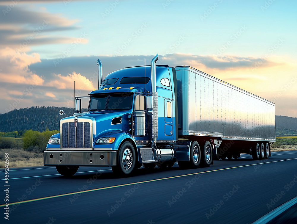 Large Blue Semi Truck Driving on Open Highway at Sunset Large Blue Semi Truck Driving on Open Highway at Sunset
