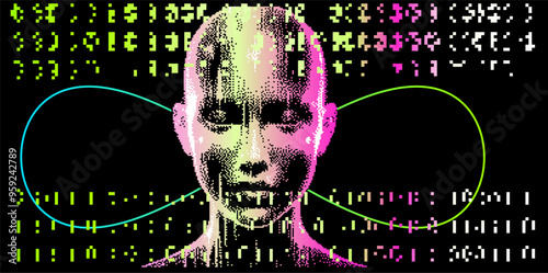 Pixel art of bald woman on background with glitched pixels. Futuristic illustration on the theme of technology and human.