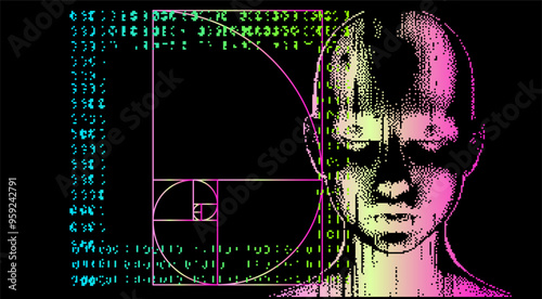 Pixel art of bald woman on background with glitched pixels. Futuristic illustration on the theme of technology and human.