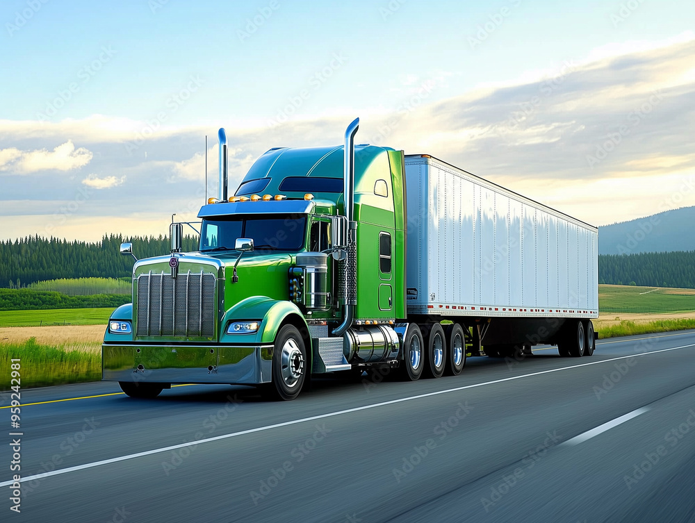 Large Green Semi Truck On Highway In Scenic Landscape Large Green Semi Truck On Highway In Scenic Landscape