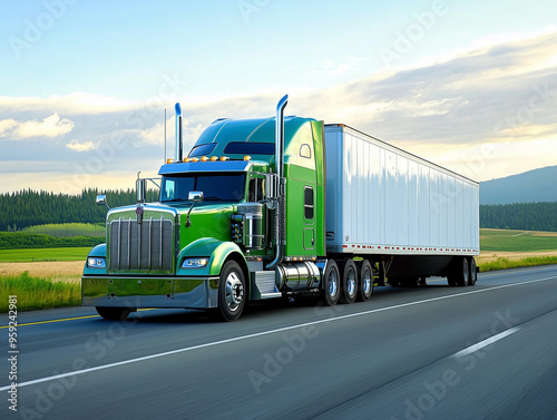 Obraz na płótnie Large Green Semi Truck On Highway In Scenic Landscape w salonie