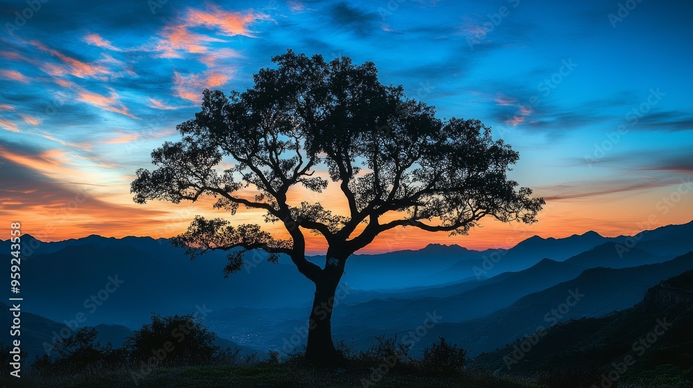 A beautiful silhouette of a majestic tree stands against a sunset, framed by distant mountains and clouds, creating a peaceful atmosphere that captivates the soul and invites reflection A beautiful silhouette of a majestic tree stands against a sunset, framed by distant mountains and clouds, creating a peaceful atmosphere that captivates the soul and invites reflection