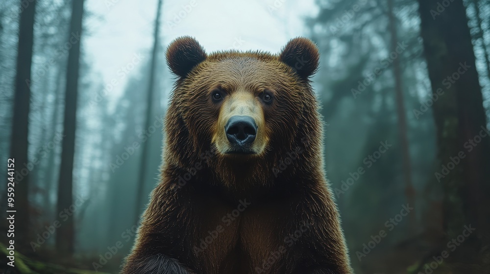 Obraz premium Majestic brown bear in misty forest setting