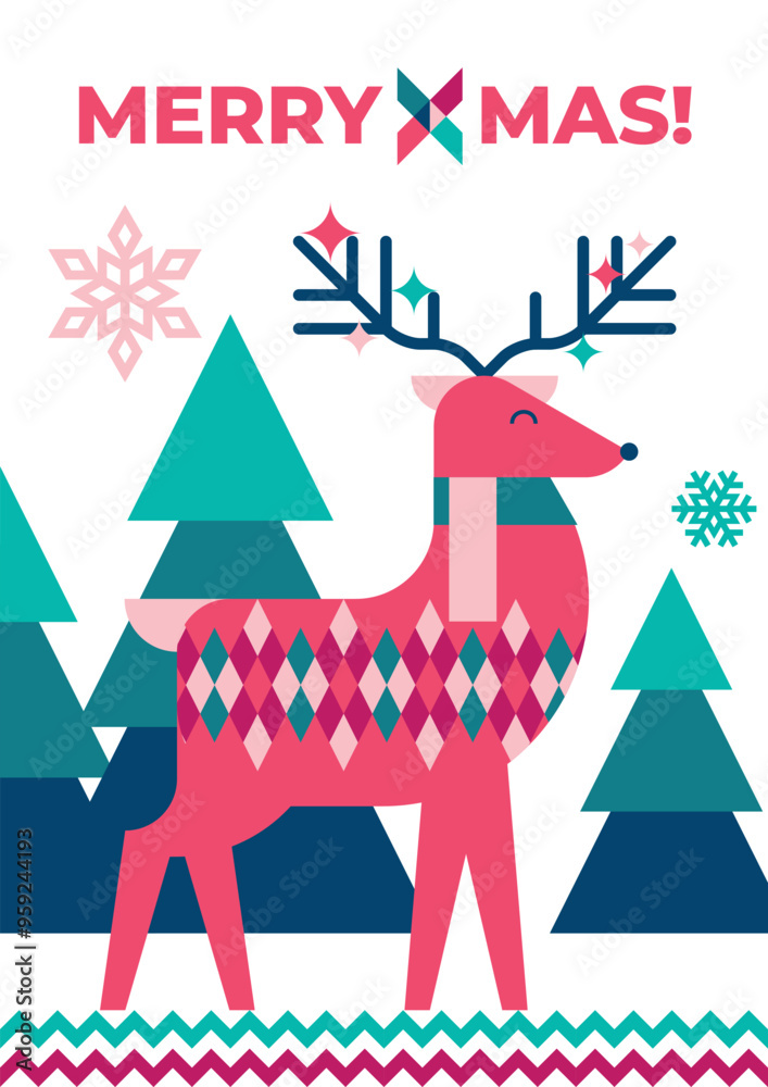 Obraz premium Christmas festive decorative background with fir trees, snowflakes and a magical deer with flashes shimmering in the horns. Poster, banner, flyer, invitation, postcard