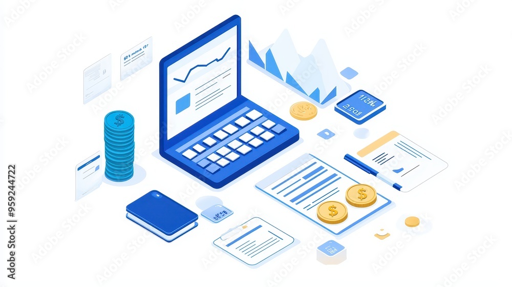 Isometric Illustration of Financial Data Analysis with Laptop Charts Coins and Documents Isometric Illustration of Financial Data Analysis with Laptop Charts Coins and Documents