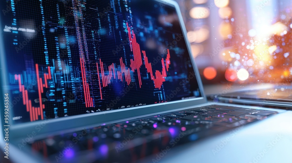 Laptop Screen with Red Financial Data Chart   Stock Market Analysis  Trading  Investment