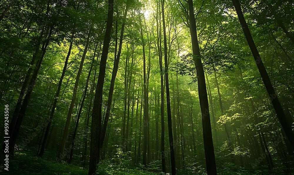 Obraz premium Sunbeams Illuminating a Lush Green Forest Canopy