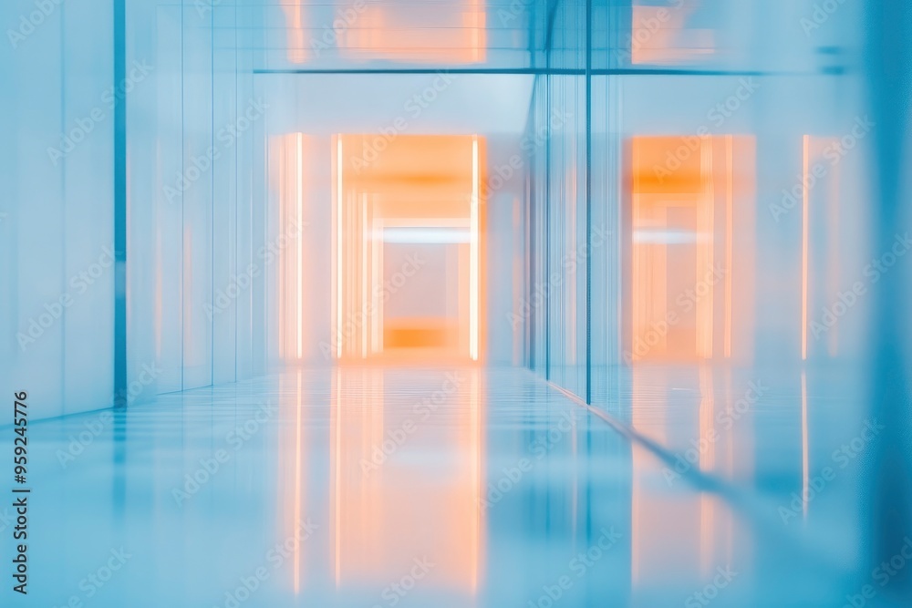 abstract blur modern interior inside entrance building of office in pale blue background with orange light effect concept , ai abstract blur modern interior inside entrance building of office in pale blue background with orange light effect concept , ai