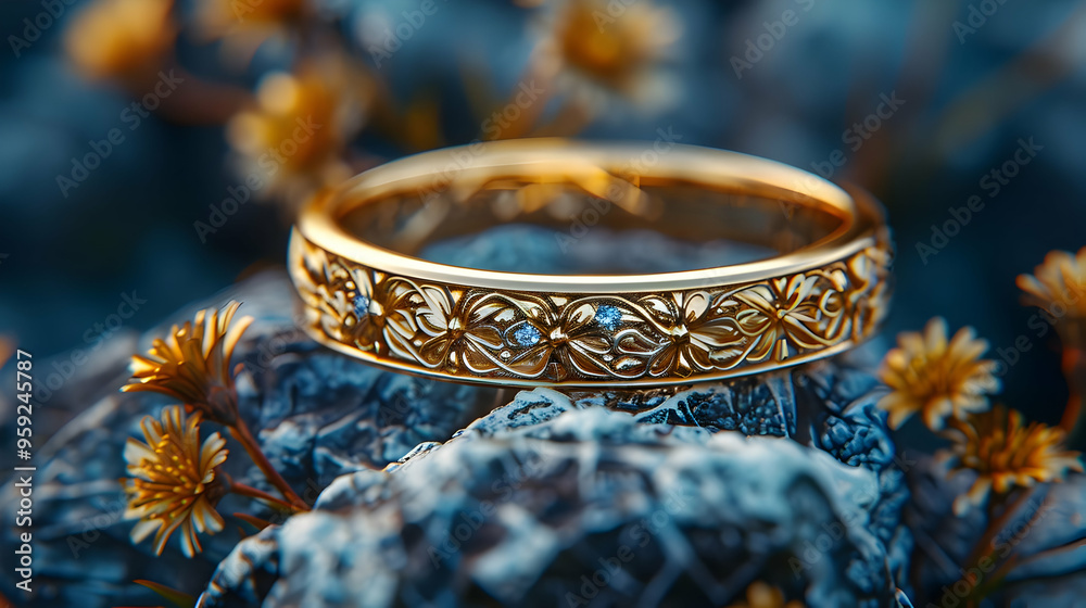 Golden Ring with Floral Design and Blue Gems 3D Illustration Golden Ring with Floral Design and Blue Gems 3D Illustration
