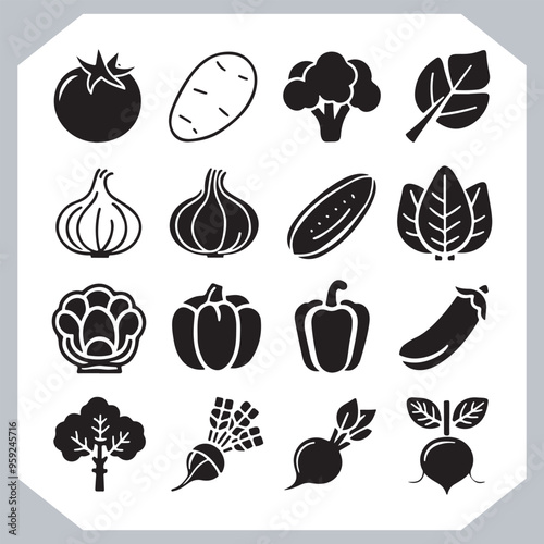 Set of vegetables black silhouette Carrot, potato, tomato, cucumber, onion, garlic, cauliflower, bell pepper, cabbage vector icon in white background.