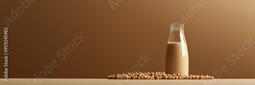 a glass bottle of soy milk with soybeans scattered around against an isolateddusty chocolatebackground photo