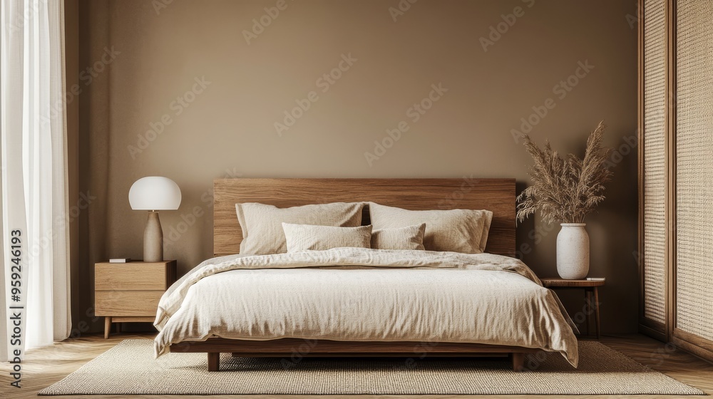 Experience a serene beige bedroom featuring a beautifully crafted wooden bed, soft pillows, and warm tones, creating a tranquil atmosphere ideal for relaxation and design inspiration Experience a serene beige bedroom featuring a beautifully crafted wooden bed, soft pillows, and warm tones, creating a tranquil atmosphere ideal for relaxation and design inspiration