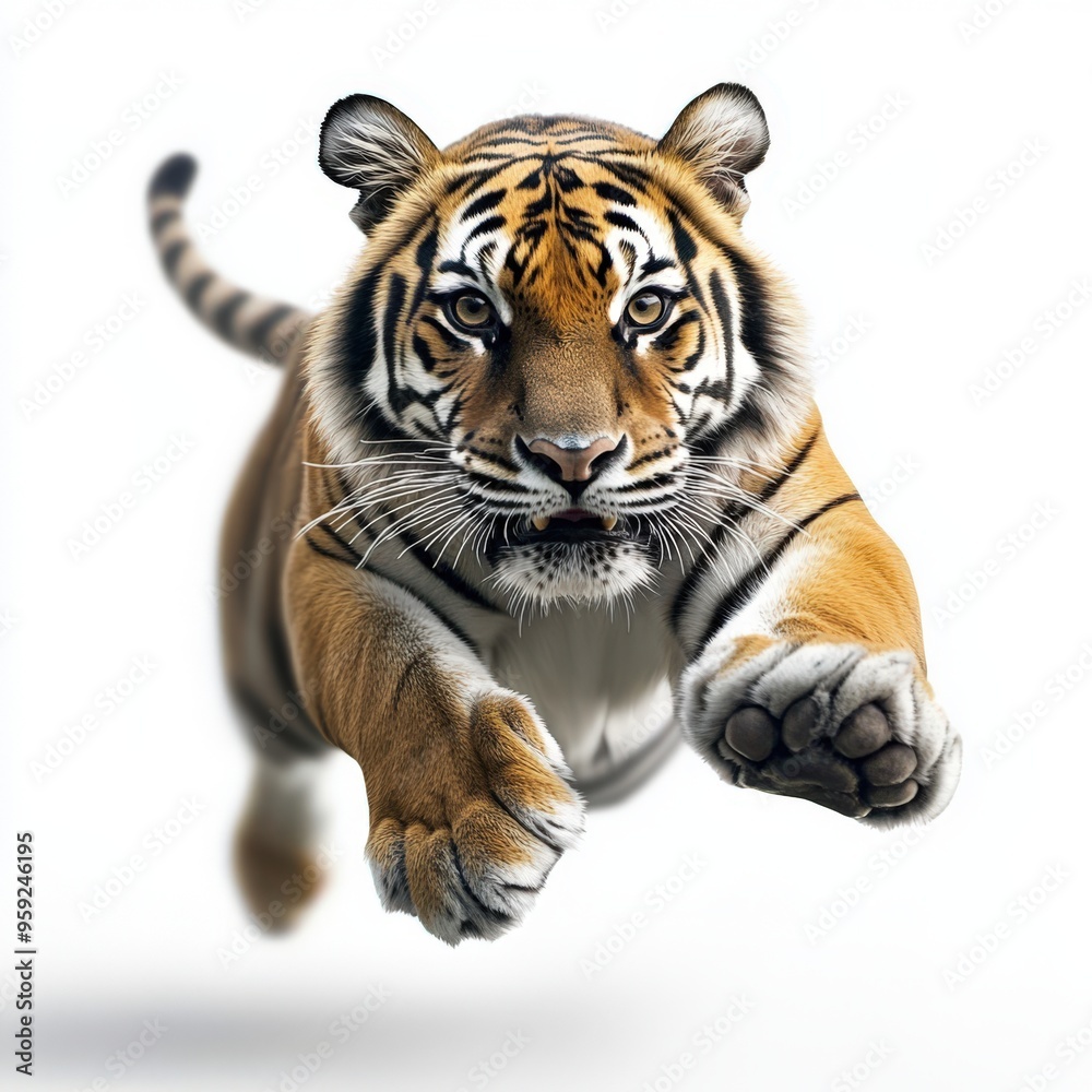 Fototapeta premium A powerful tiger leaps forward, showcasing its strength and agility in a striking pose against a clean background.