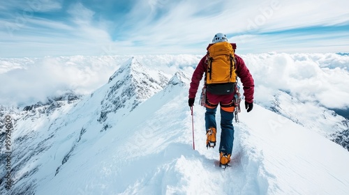 A lone climber with a bright yellow backpack and red jacket ascends a snowy mountain peak, highlighting the determination and thrill of conquering nature’s towering challenges.